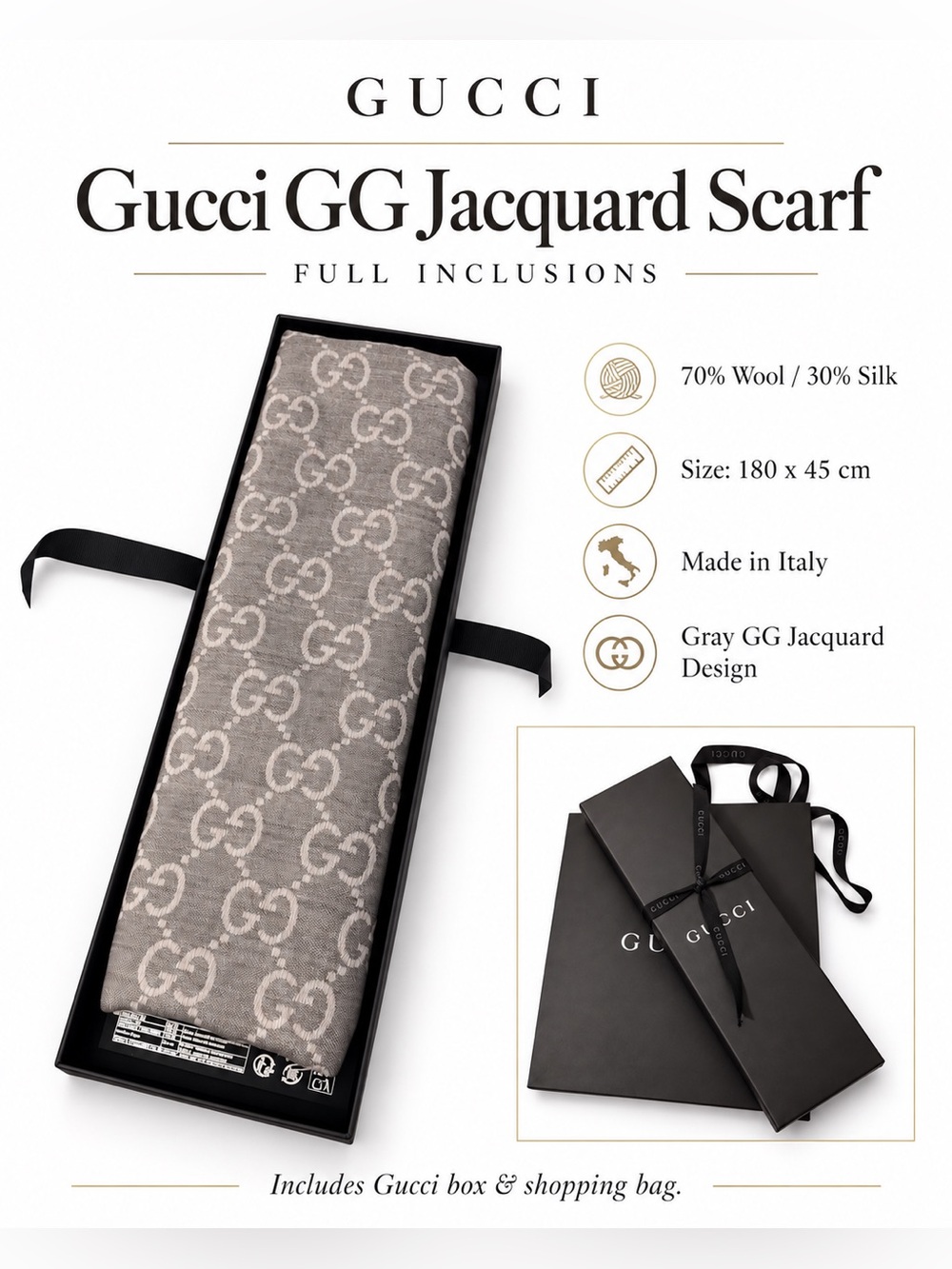 Classic Gucci GG Gray Jacquard Scarf